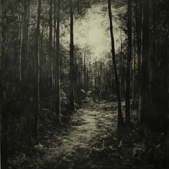 Fototapeta premium Dark forest with a path leading to the sun, grunge background