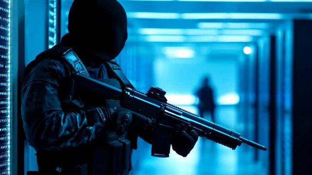 SWAT soldier in data center. Special forces in cyber war. Cybercrime, cybersecurity concept. Data and network protection. Armed FBI agent, police officer in AI cluster corridor. Security guard
