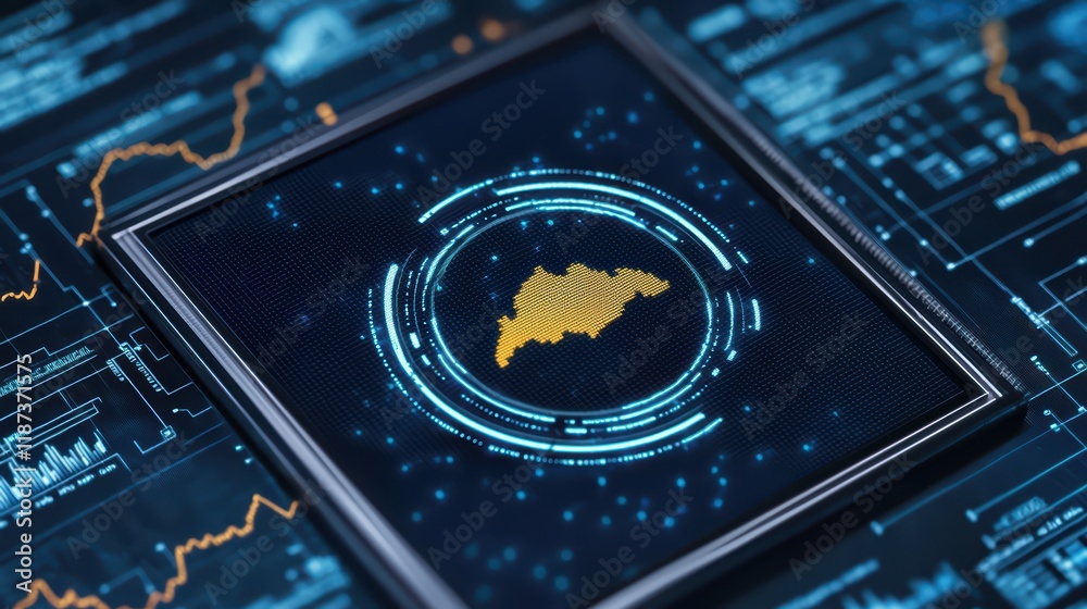 Poster futuristic digital map interface with data visualizations and analytics