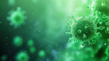 Virus particles in an abstract green background for health and science illustrations