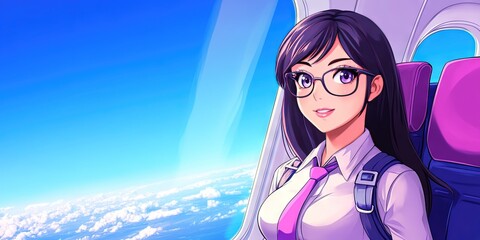 manga friendly flight attendant, modern stewardess on plane