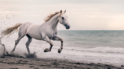 Obraz premium A majestic white horse gallops along the ocean shore, splashing through the shallow waves as sunlight glimmers off the water. The calm sea and sandy beach enhance the tranquil atmosphere
