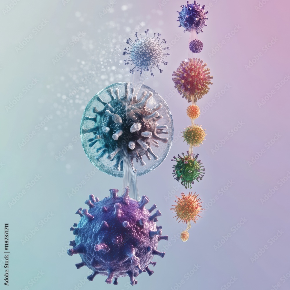Poster progression of virus forms illustrating complexity from basic structures to advanced variants. gener