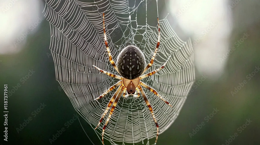 Sticker   A close-up image of a spider on its web in sharp focus, while the background is blurred