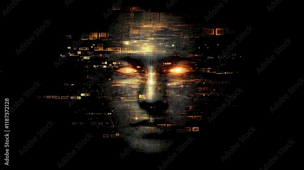 Poster digital face created with artificial intelligence and data visualization