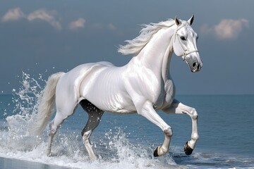Obraz premium A majestic white horse races along the sandy beach, kicking up splashes of ocean water. The vibrant sea contrasts against the horse's shiny coat as it moves gracefully