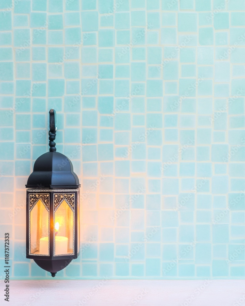 Poster moroccan lantern glow against intricate tile backdrop at twilight