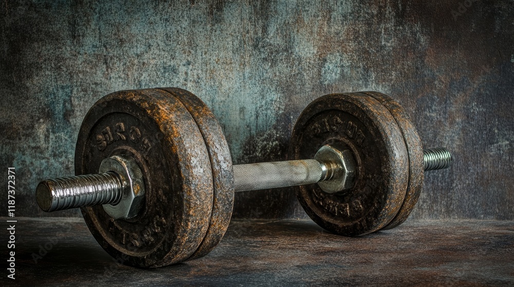 Aufkleber old and rusty dumbbell rests on the floor against a grunge wall background, creating a powerful imag
