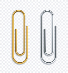 Gold and silver metallic paper clips on a transparent background, minimalistic style. Concept of stationery, organization, office supplies. Vector illustration
