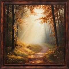 Fototapeta premium Autumn forest in vintage style with wooden frame and foggy road