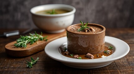 Delicious gourmet meat pate served in ceramic bowl with garnishes on wooden table