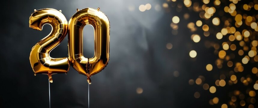 Two large gold foil balloons display the number 20 on a dark smokey background with golden bokeh. Celebration atmosphere, birthday party. Narrow festive banner with space for text