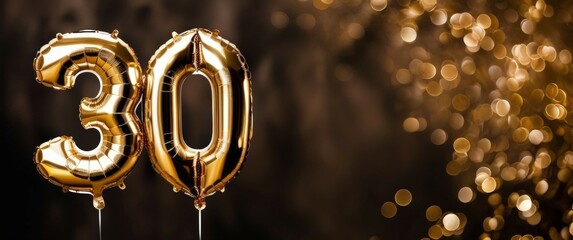 Golden foil balloons shaped as the number 30 on a blurred sparkling background with bokeh, perfect for marking a special birthday occasion. Narrow festive banner, space for text