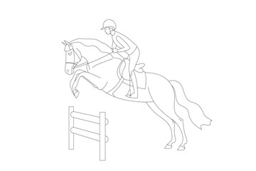 Equestrian jumping over an obstacle with a horse in a minimalist black and white line art style 