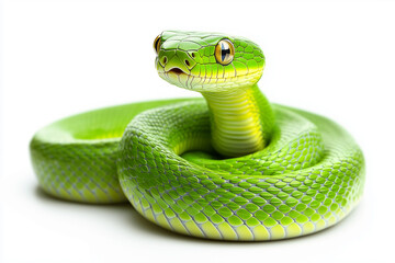 Fototapeta premium Closeup of bright green snake with detailed scales, coiled and resting, isolated on white transparent background, reptiles or wildlife, symbolizing Chinese Lunar New year