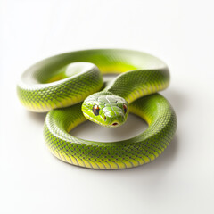 Fototapeta premium Closeup of bright green snake with detailed scales, coiled and resting, isolated on white transparent background, reptiles or wildlife, symbolizing Chinese Lunar New year