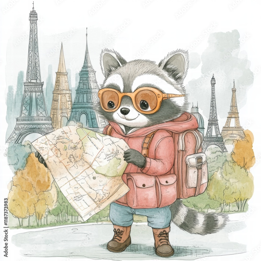 Aufkleber Raccoon explorer with map and backpack in front of famous landmarks during daylight stroll in a vibrant city. Generative AI