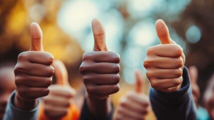 Diverse Group of Children Giving Thumbs Up Gesture, Sign of Like and Approval Outdoors