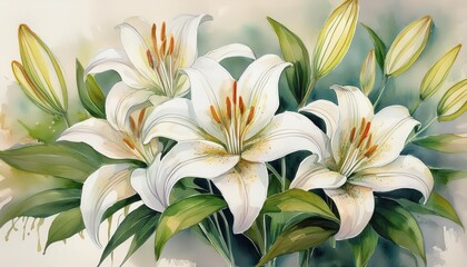 Stunning Watercolor Masterpiece White Lilies with Emerald Green Leaves Radiate Against a Soft Ivory Background, Embracing Tranquility and Grace
