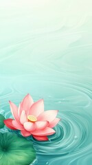 A serene pink lotus flower floats gracefully on tranquil water, surrounded by leaves, evoking a sense of peace and beauty.