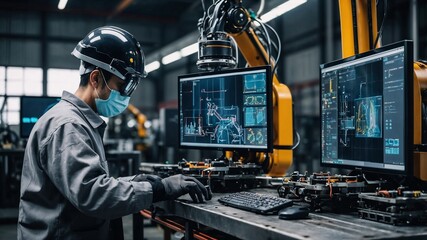 Fototapeta premium Engineer manager checking and controling automation robot arms machine in intelligent factory industrial on real time monitoring system software. Welding robotics and digital manufacturing operation 