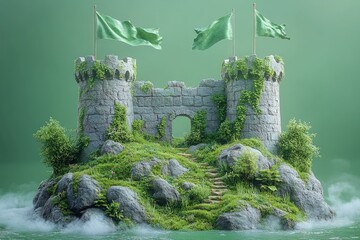 Overgrown stone castle, green flags, island.