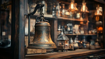 Obraz premium Antique brass bell hanging in vintage shop.
