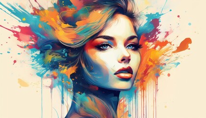 Vibrant Grunge Illustration A Stunning Colorful Woman Amidst Spatter and Drips of Paint in a Grunge Setting, Embracing the Spirit of