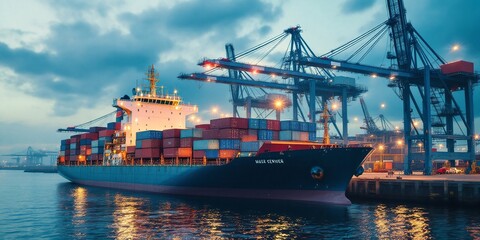 Cargo container ship at industrial port with cranes. Global trade and shipping industry. Maritime transport and logistics. Colorful twilight harbor scene