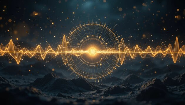 AI interface visualizing an alien radio signal with golden waveforms forming symbols, contrasting glowing data against the dark void of space. Generative AI