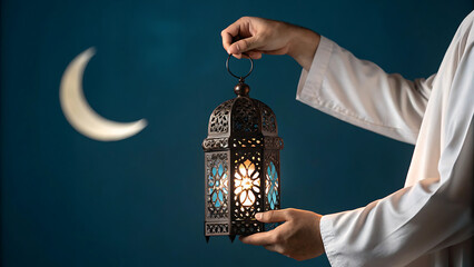 Close up of Muslim man hand holding arabic lantern on the dark blue background with crescent moon