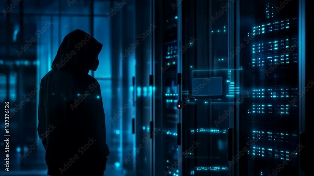 Poster hooded hacker in corporate data center. rows of rack servers. ai training cluster and artificial int
