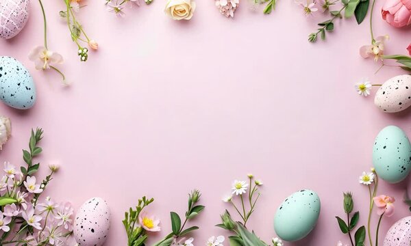 Delicate Easter frame, top view of colorful pastel colored eggs and delicate spring flowers neatly arranged on a clean pink background with plenty of space for text.