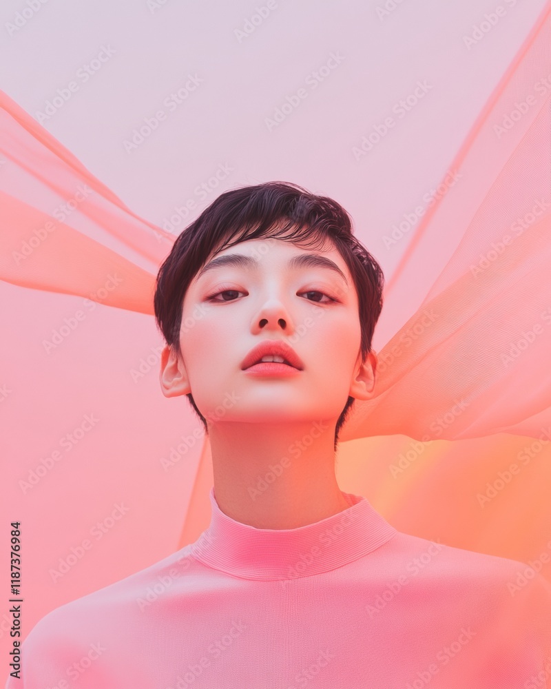 Aufkleber dreamy abstract portrait of non-binary east asian individual with fluid blur textures