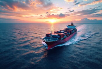 Fototapeta premium Cargo ship sailing across ocean at sunset. Global trade and maritime transport. Aerial view of container vessel on calm sea. Logistics and shipping industry concept