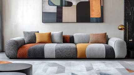 Modern sofa with a low-profile design, soft fabric, and geometric patterns 