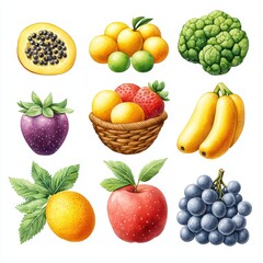 Colorful Collection of Fresh Fruits and Vegetables Illustrations