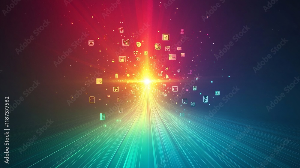 Poster Branding concepts colorful radiant icons emerging a central glowing point in a clean minimalist background