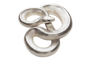 Coiled silver snake sculpture with detailed scales isolated on white transparent background, reptiles or wildlife, symbolizing Chinese Lunar New year