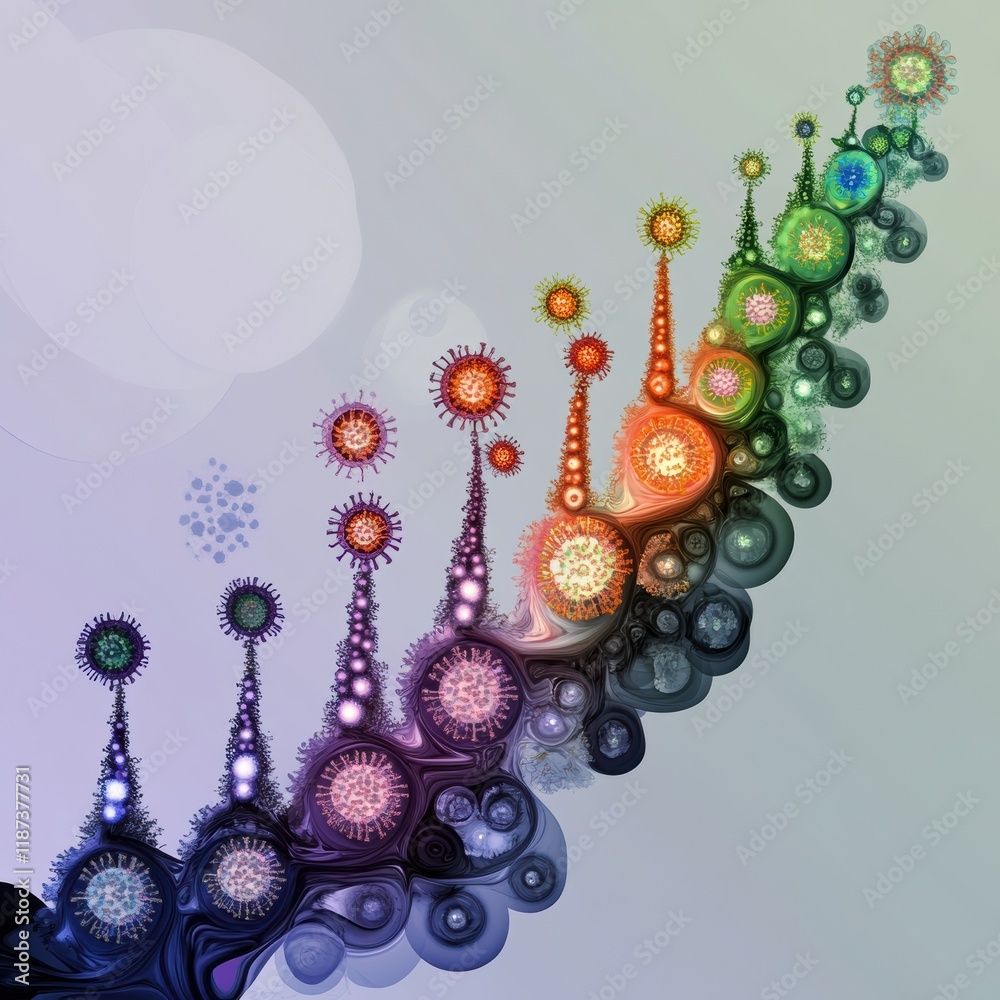 Aufkleber Understanding the progression from basic to complex virus forms in a colorful representation of viral evolution. Generative AI