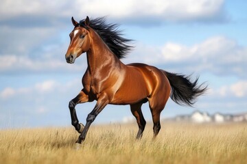 Majestic wild horses run gracefully across vast golden steppes with lush grass swaying in the wind. Their manes flow as they enjoy the open landscape beneath a clear blue sky