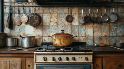 Rustic kitchen with vintage cookware on stove.