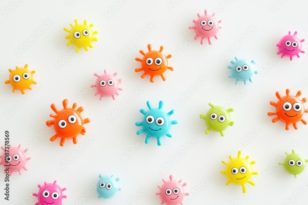 Poster cheerful colorful microbes with smiles and eyes playfully scattered across a bright surface in vibra