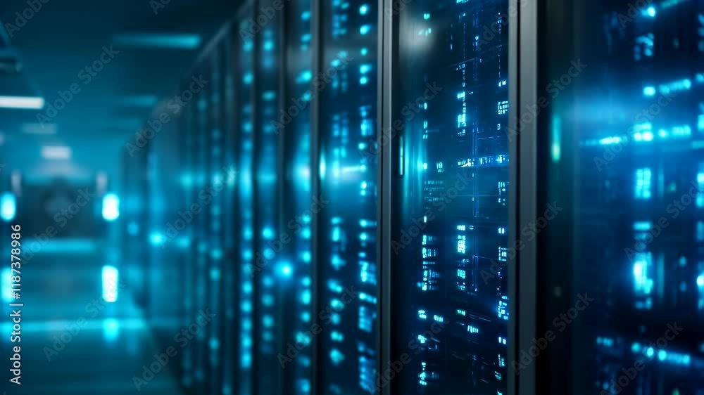 Poster hooded hacker in corporate data center. rows of rack servers. ai training cluster. cloud data storag