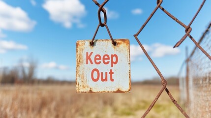 Faded Keep Out Sign on Rusty Gate Exploring Urban Decay and Mystery