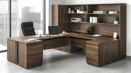 Modern L-shaped executive office desk with built-in hutch and storage, set in a contemporary office space with city views.