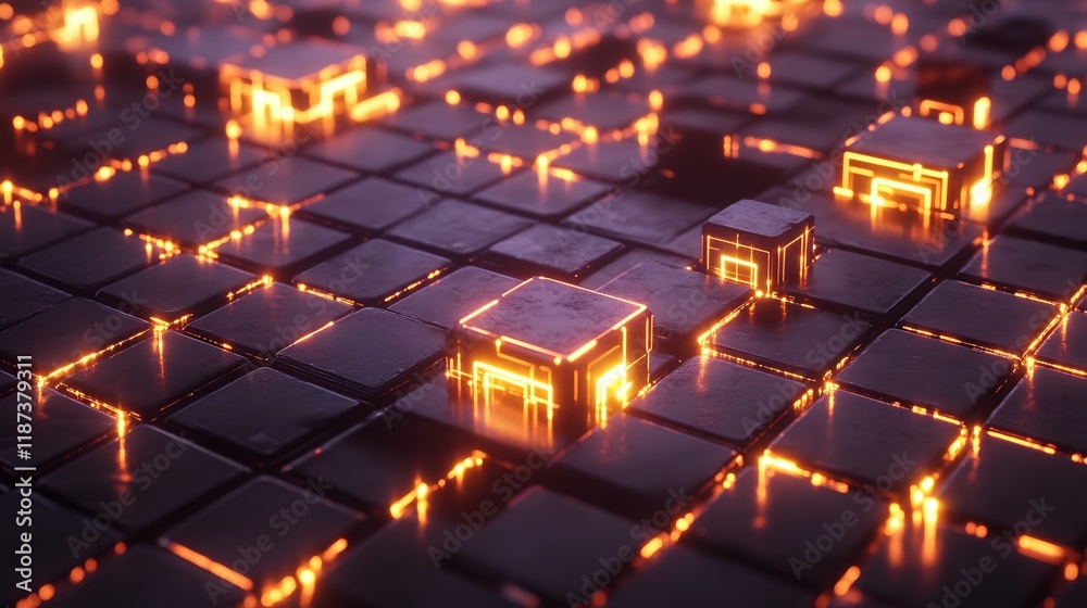 Leinwandbilder blockchain technology visualized glowing interconnected blocks forming radiant decentralized network