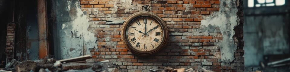Fototapeta premium Timeworn Clock on Cracked Brick Wall in Abandoned Industrial Setting