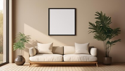 Elegant Beige 3D Rendering of Blank Picture Frame Mock Up in Cozy Interior Space, Showcasing Realistic Textures and Atmospheric Warmth