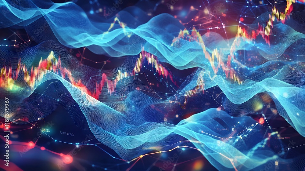 Poster Artistic visualization of trade cycle featuring flowing geometric patterns symbolizing economic phases of growth contraction